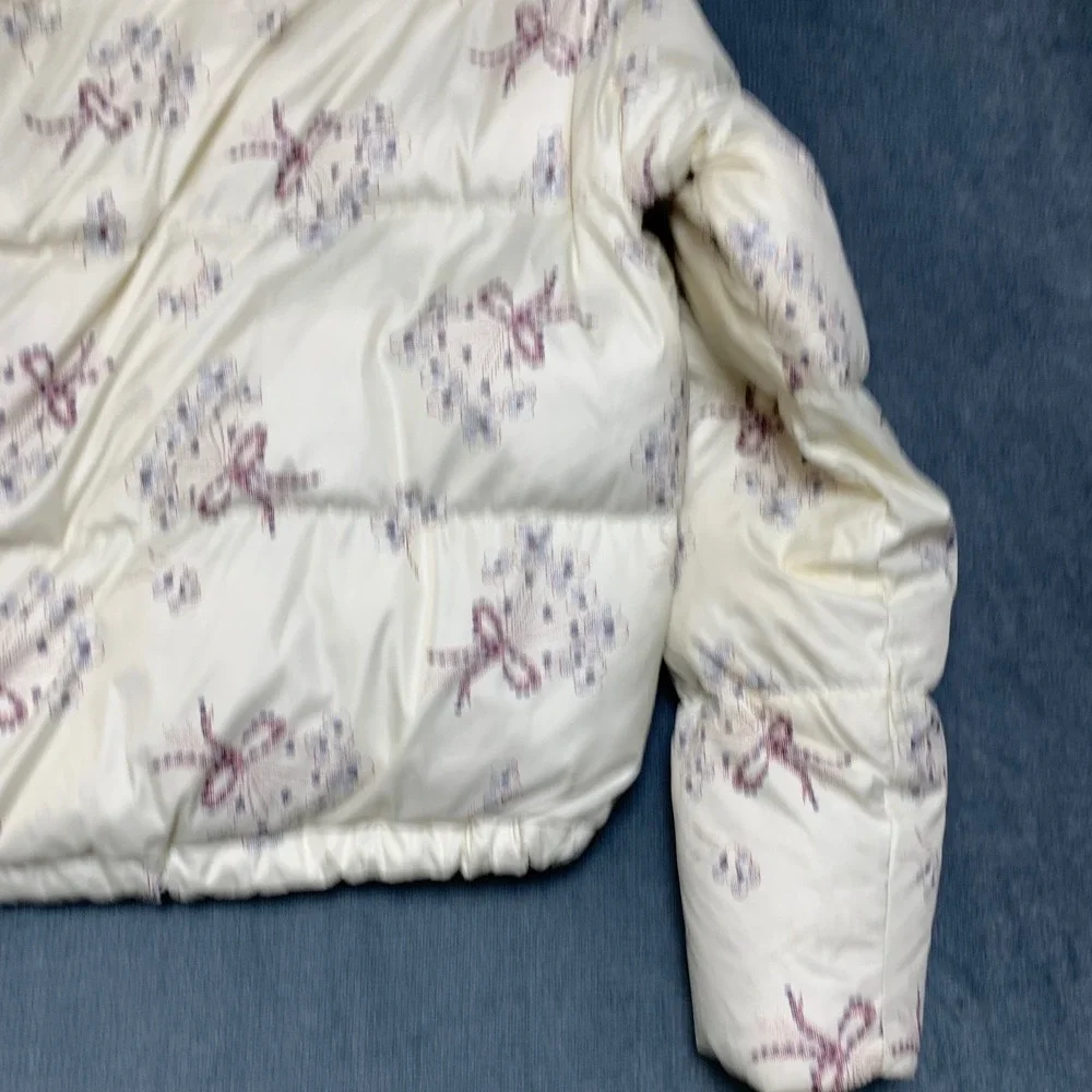 Coach Puffer Jacket Womens Large Cream Floral Print Long Sleeve Winter Full Zip